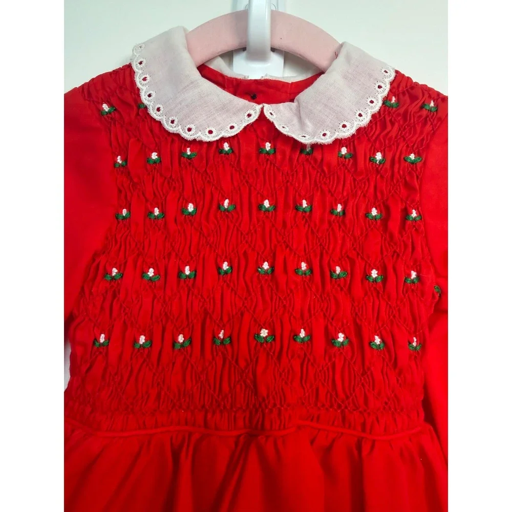 Vintage Winnie the Pooh Smocked Red Dress Eyelet Collar 3T Disney Perma-Prest